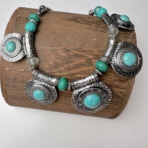 Laura Ashley Vintage? Silver Tone Faux Turquoise Super Chunky Statement Necklace